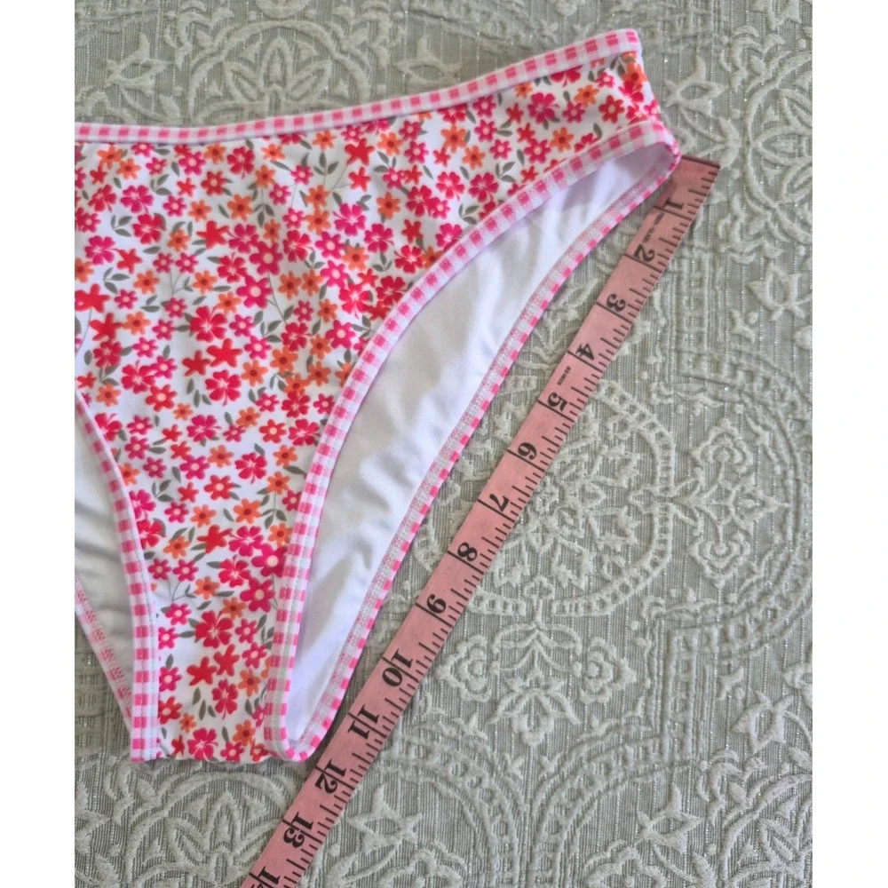 Zaful Womens Pink Floral Gingham Trim Bikini‎ Bottoms Size M High Cut Swimwear